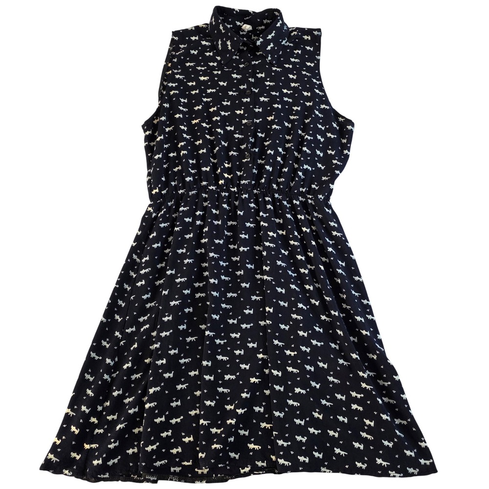 FAVO LOOK Shirt Dress‎ Womens Med/Lg Navy Blue Cat Print Whimsical Novelty *Read